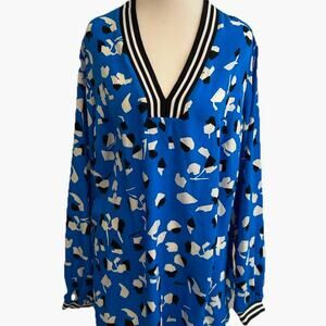 Alfani Floral Blouse 2XL tunic artsy print royal blue v neck resort wear comfy